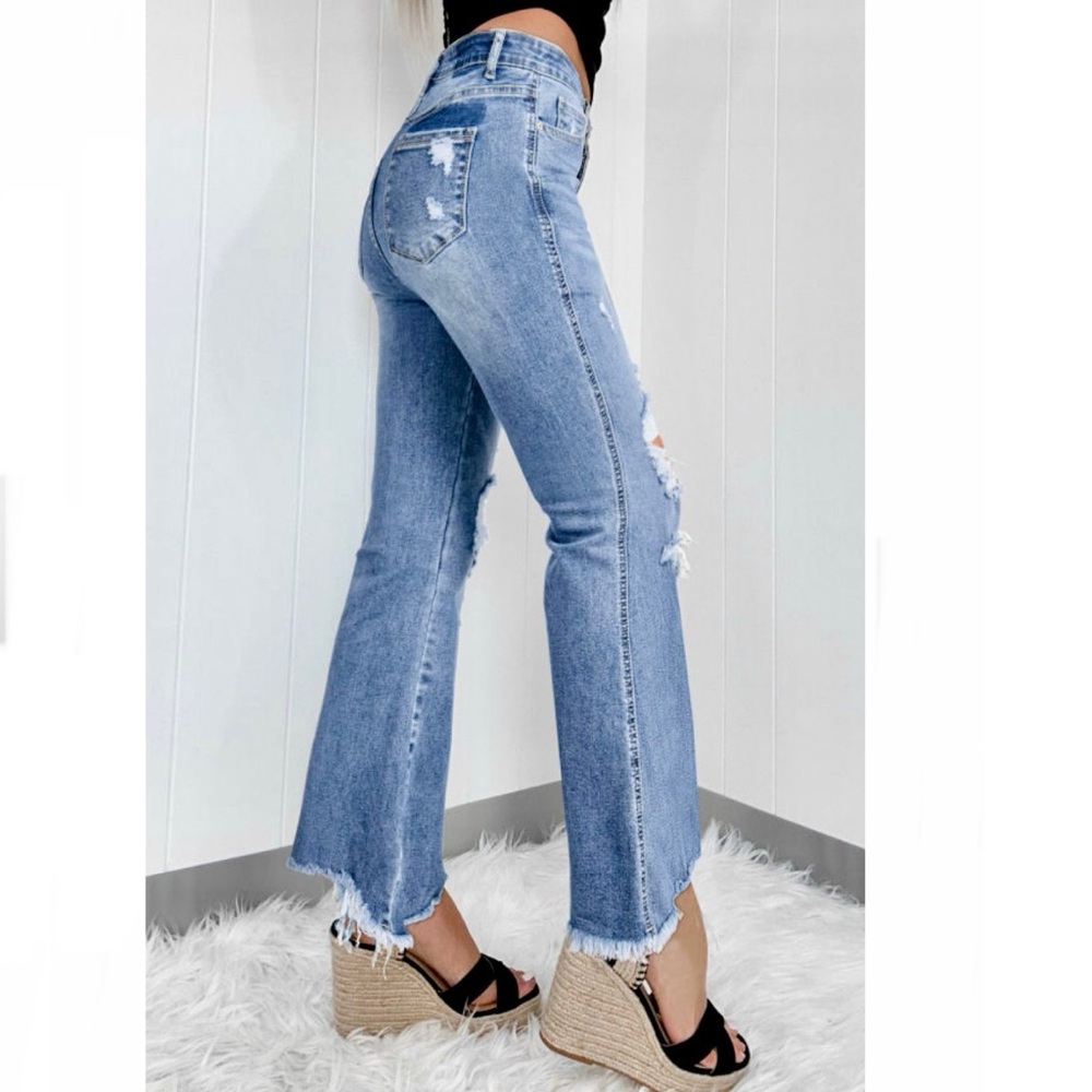 Dusk Blue High Rise Distressed Flare Jeans - Picture 2 of 10